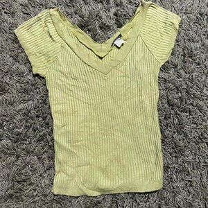 2000s Deep V Off The Shoulder Green Ribbed Top Size M